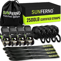 Sunferno Heavy Duty Ratchet Straps Tie Down Set | 2500 Lbs Break Strength | 15 Ft Black Straps With Soft Loops | Securely Transport Motorcycle, Cargo, Atv, Moving Equipment | 4 Pack