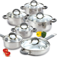 Cook N Home Kitchen Cookware Set, 12-Piece Basics Stainless Steel Pots And Pans Set With Grey Silicone Handle, Silver