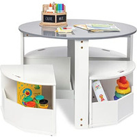 Milliard Toddler Table And Chair Set - Round Kids Activity Table With 4 Storage Stools, Nesting Design For Toddlers, Kids Play Table With Storage - Space-Saving Playroom Kids Furniture - (White)
