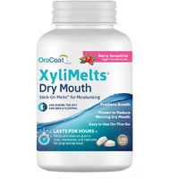 Oracoat Xylimelts Dry Mouth Relief Moisturizing Stick-On Melts Berry Smoothie With Xylitol, For Dry Mouth, Stimulates Saliva, Non-Acidic, Day And Night Use, Time Release For Up To 8 Hours, 100 Count