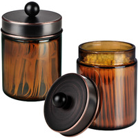 Amolliar Amber Glass Qtip Holder, Apothecary Jars With Oil Rubbed Bronze Metal Lid & Stickers-Bathroom Qtip Dispenser Storage Organizer Set,Vanity Counter Canister For Cotton Swabs,Round Floss(2 Pack)