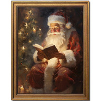 Kbkbart Vintage Christmas Wall Art, Santa Reading Book, Rustic Oil Painting, Gold Framed Canvas Prints For Winter Room Art, Cottagecore Decor, Holiday Decoration Gifts For Bedroom (8""X10"")