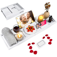 Foldable Bathtub Caddy Tray, Bamboo Bath Tub Tray Table For Tub With Wine Glass Holder Book Phone Tablet Holder With Extending Sides, Adjustable Bathroom Bathtub Free Soap Holder Gift Idea (White)