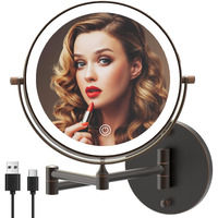 Miroamz Rechargeable Wall Mounted Lighted Makeup Vanity Mirror 8 Inch Double Sided 1X 10X Magnifying Bathroom Mirror, 3 Color Lighting, Touch Screen Dimming, 360 Rotation Oil Rubbed Bronze