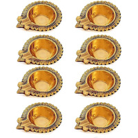 Satvik 8 Pc Lakshmi Deepak For Diwali Decoration Handmade Oil Lamp Golden Engraved Made Of Virgin Brass Metal Vilakku For Puja Traditional Indian Deepawali Housewarming Return Gift Item