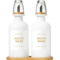 Bonlong 11.8Oz Mouthwash Dispenser For Bathroom With Bamboo & Stainless Steel Pour Spout, Mouthwash Cups Reusable, Bamboo Tray, And Elegant Gold Label. Set Of 2(White