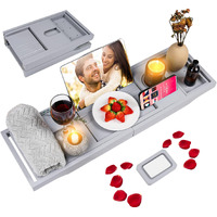 Foldable Bathtub Caddy Tray, Bamboo Bath Tub Tray Table For Tub With Wine Glass Holder Book Phone Tablet Holder With Extending Sides, Adjustable Bathroom Bathtub Free Soap Holder Gift Idea (Grey)