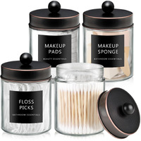 Sheechung Qtip Dispenser Holder 4Pcs, Glass Apothecary Jars With Stainless Steel Lids &Stickers, Countertop Canister Bathroom Storage Organizer Set For Cotton Swabs, Floss Picks(Oil Rubbed Bronze)