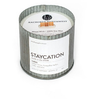 Anchored Northwest - Staycation Scented Rustic Vintage Candle, 10Oz Corrugated Metal Tin, American Cedar Wood Wick, Hand Poured, Essential Oil Blend 100% Soy Wax, 60 Hour Burn