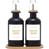 Bonlong 11.8Oz Glass Mouthwash Dispenser For Bathroom With Stainless Steel & Bamboo Nozzle, Mouthwash Cup Reusable, Bamboo Tray, And Elegant Gold Sticker.Set Of 2(Black