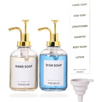 12Oz Dish Soap Dispenser For Kitchen, Hand Glass Soap Dispenser Set With Pump, Tray, Funnel For Bathroom, Shower, Laundry, Liquid, Lotion (Gold 2 Pack Clear Bottles With 12 Stickers)
