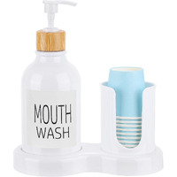 Mouthwash Dispenser For Bathroom, 16Oz Plastic Mouthwash Dispenser With Cup Holder And Tray Mouth Wash Bottle Container - White