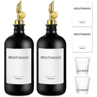Toldatli Mouthwash Dispenser For Bathroom, 2 Pack Black Glass Mouth Wash Container With Cup, 17 Fl Oz Mouth Wash Decanter Bottle Set, Refillable Mouthwash Pump Dispenser