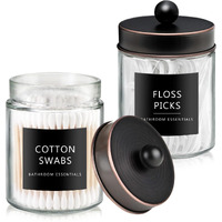 Sheechung Qtip Dispenser Holder 2Pcs, Glass Apothecary Jars With Stainless Steel Lids &Stickers, Countertop Canister Bathroom Storage Organizer Set For Cotton Swabs, Floss Picks(Oil Rubbed Bronze)