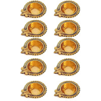 Satvik 10 Pc Lakshmi Deepak For Diwali Decoration Handmade Oil Lamp Golden Engraved Made Of Virgin Brass Metal Vilakku For Puja Traditional Indian Deepawali Housewarming Return Gift Item