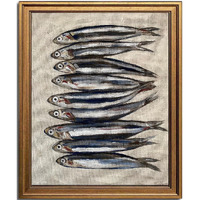 Kbkbart Gold Framed Vintage Sardine Still Life Farmhouse Decor Wall Art, Rustic Watercolor Oil Painting Kitchen Sign Canvas Art Prints For Kitchen, Dining Room, Living Room, Bedroom, 8""X10""