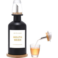 Bonlong 11.8Oz Glass Mouthwash Dispenser For Bathroom With Stainless Steel & Bamboo Nozzle, Mouthwash Cup Reusable, Bamboo Tray, And Elegant Gold Sticker.(Black)