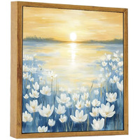 Artzio Bathroom Navy Blue Framed Wall Art, Floral Coast Oil Painting Wall Decor, Landscape Modern Nature Room Decor Painting, Living Room Home Print, 12X12 Inch, Canvas Ready To Hang