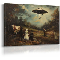 Godont Ufo And Victorian Landscape Oil Painting Art Print Psychedelic Spaceship Poster Painting Interesting Whimsical Alien Abduction Wall Decor 12X16 Inch Unframed