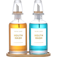 Bonlong 11.8Oz Glass Mouthwash Dispenser For Bathroom With Stainless Steel & Bamboo Nozzle, Mouthwash Cup Reusable, Bamboo Tray, And Elegant Gold Sticker.Set Of 2(Clear