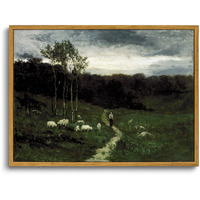 Oiqartoiq Framed Vintage Landscape Wall Art Shepherd Natural Scenery Oil Painting Canvas Prints Country Farmhouse Aesthetic Fall Decor Pictures For Kitchen Bedroom Living Room Bathroom