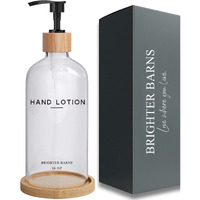 Glass Lotion Dispenser With Pump For Bathroom By Brighter Barns - Hand Lotion Dispenser Set With Tray - Boho Hand Cream Container For Bathroom, Neutral Home Decor In Bedroom, Lobby, Restaurant (Clear)