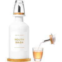 Bonlong 11.8Oz Mouthwash Dispenser For Bathroom With Bamboo & Stainless Steel Pour Spout, Mouthwash Cup Reusable, Bamboo Tray, And Elegant Gold Label. (White