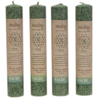 Premium Scented Candle Hand Made Chakra Energy Pillar | 4-Pack | Healing, Anahata | Yoga, Prayer & Meditation Candle | Long Burn 15 Hours | Essential Oils Of Lavandin, Orange & Tangerine | Aloha Bay