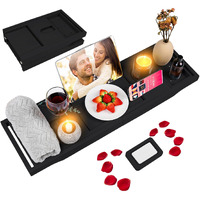 Foldable Bathtub Caddy Tray, Bamboo Bath Tub Tray Table For Tub With Wine Glass Holder Book Phone Tablet Holder With Extending Sides, Adjustable Bathroom Bathtub Free Soap Holder Gift Idea (Black)