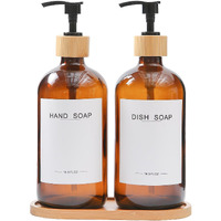 Bonlong Amber Glass Soap Dispenser With Bamboo Pumps&Tray&Labels, Hand Dispenser, Lotion Dispenser, Dish Soap Dispenser For Kitchen Sink. (Amber)