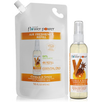 Natural Flower Power Air Freshener Spray Refills - Odor Eliminator W/Essential Oils - Home, Car & Fabric - Cruelty Free & Vegan - Citrus & Spice Spray 4 Fl Oz + Refill 16 Fl Oz Combo