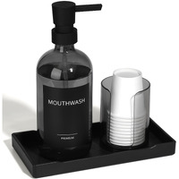 Toldatli Mouthwash Dispenser For Bathroom, Clear Black Glass Mouth Wash Pump Dispenser With Cup Holder, 17 Fl Oz Mouthwash Bottle Decanter With Tray, Refillable Mouthwash Dispenser Container
