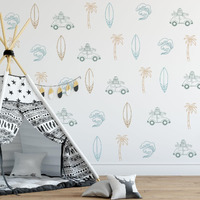 Retro Surfer Peel And Stick Wall Sticker, Ocean And Underwater Decals, Palm Tree Sun Wall Sticker - Removable Vinyl Beach Theme Wall Decoration For Boys' Rooms, Kids' And Nursery Rooms