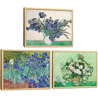 Irises By Vincent Van Gogh Oil Painting - Roses Artwork Canvas Print Floral Wall Art Picture With Natural Wood Framed For Bedroom, Bathroom, Office Decor - 16""X24""X3 Piece