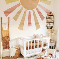 Astrkiz Large Fabric Watercolor Boho Half Sun Wall Decals Peel And Stick, Pastel Sunrise Wall Murals Stickers, Sunshine Wall Art Decor For Kids Room Playroom Nursery Bedroom, 94.49"" X 57.48""