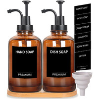 Amber 18 Oz Dish Soap Dispenser For Kitchen, Ultra-Thick Glass Soap Dispenser Set With Tray, Pump, Funnel For Bathroom, Liquid, Lotion, Shower, Laundry, (2 Pack With 12 Stickers)