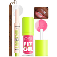 Wugbc Brown Lip Liner Pink Lip Oil Gloss Click Lip Balm Clear Shimmer, Ultra-Hydrating Lipstick Tinted Lip Glow Oil For Women Makeup, Lightweight Non Sticky Liquid Lipstick Lip Liner Pencil Combo Set