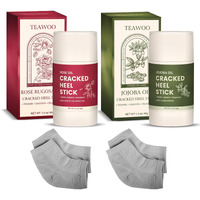 Teawoo 2-Pack Dual Formula Cracked Heel Repair Stick Set With 2 Heel Socks - Rose Oil & Jojoba Oil Infused Foot Balm For Dry, Cracked Feet - Moisturizing, No-Mess Applicator, Travel-Friendly