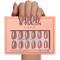 Vsalon Press-On Nails Short Almond - Pink Cat Eye French Tip Glitter Holographic Nails Kit For Woman, Reusable Opaque Gel Magnetic Effect Fake Nails With Glue & Cuticle Oil - 32 Pcs In 16 Sizes