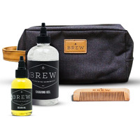 Complete Men's Beard Grooming Kit By Brew Grooming - Ultimate Gift Set Kit For Men Including Wooden Comb, Beard Oil, Clear Shave Gel & Travel Toiletry Bag