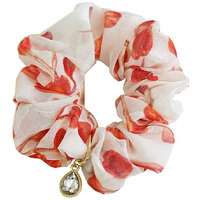 Bekyni Fresh Elegant Korean Scrunchies - Floral Chiffon Hair Ties With Rhinestone Embellishments - Vintage Oil Painting Style Fabric Head Flowers (Red, 1 Count)