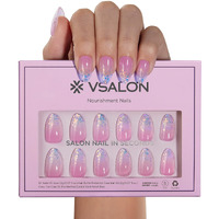 Vsalon Press-On Nails Short Almond - Purple Ombre Blue Sparkle Glitter Design For Woman, Long-Lasting & Reusable Nails With Soft Gel Nail Glue, Protector Oil, Tabs & File - 32 Pcs In 16 Sizes