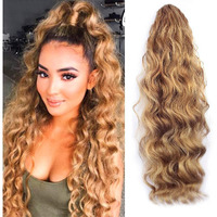 Kethbe 24 Inch Long Body Wave Ponytail Hair Extension Synthetic Heat Resistant Wrap Around Drawstring Curly Wavy Ponytail Hairpieces For Women(Blonde Mix Brown)