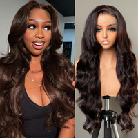 Fab  Lle Chocolate Brown Body Wave Lace Front Wigs Synthetic Wig 13  6 Transparent Lace Front Wig 26Inch Free Part Pre Plucked Hairline Glueless Wigs