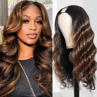 Highlight Ombre U Part Human Hair Wig Body Wave 180% Density U Part Wig Brazilian Virgin Human Hair Wig For Black Women 10A Full Head Clip In Half Wig Glueless No Leave Out Lace Front Wig 26Inch #Fb30