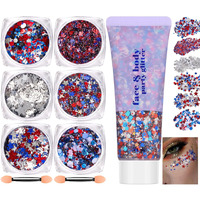 Freeorr Red White Blue Face Body Hair Glitter Gel, Usa Flag Pride 4Th Of July Patriotic Accessories Face Paint Glitter Makeup, 6 Kinds Of Sparkling Sequins For Independence Day Patriotic Veterans Day