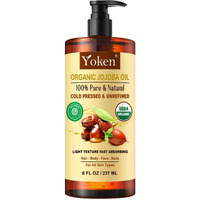 Yoken Usda Organic Jojoba Oil Cold Pressed 8 Fl Oz, 100% Pure & Natural Unrefined Jojoba Oil For Face Hair & Skin Massage, Hexane Free, Deeply Moisturizing Body Carrier Oils Multi-Purpose Serum