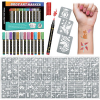 Temporary Tattoo Markers For Skin, 12 Metal Body Markers + 169 Large Tattoo Stencils For Kids Adults, Flexible Brush Tip, Bright Colors, Cosmetic-Grade Tattoo Ink, Diy Body Art Painting For Women Men