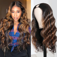 Highlight Ombre U Part Human Hair Wig Body Wave 180% Density U Part Wig Brazilian Virgin Human Hair Wigs For Black Women Full Head Clip In Half Wigs Glueless No Leave Out Lace Front Wig 28Inch #Fb30