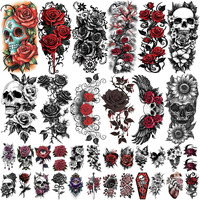 77 Sheets Flowers Skeleton Skull Temporary Tattoo For Women Men, 17 Half Arm Dark Gothic Punk Rocker Butterfly Fake Tattoos, 60 Scary Halloween Cosplay Tiny Adult Kid Body Tattoos Stickers Realistic
